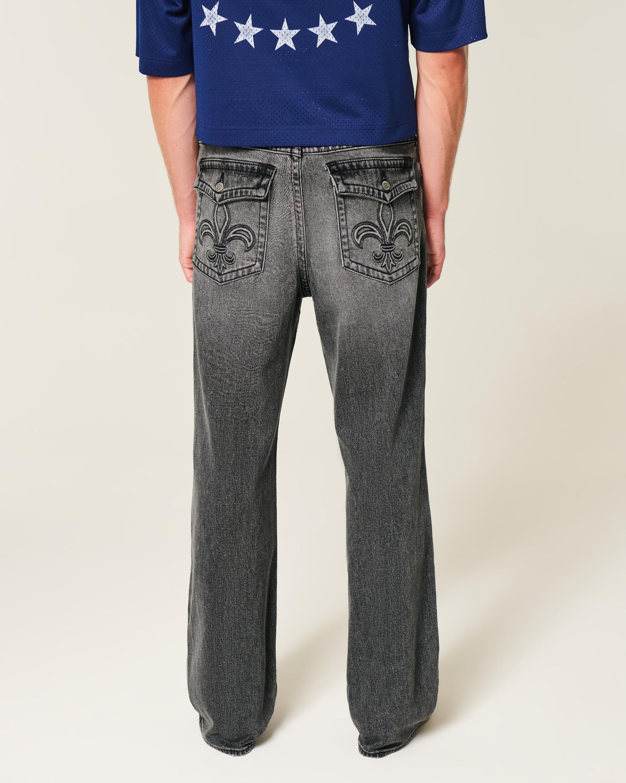 Washed Black Embroidered Baggy Bootcut Jeans Product Image