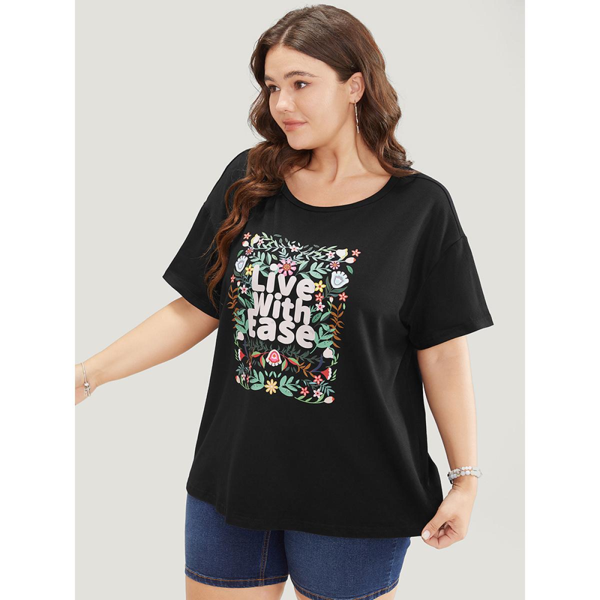 Plus Size Floral & Slogan Print Slightly Stretchy Casual T-shirt Black Women Casual Plain Natural Flowers Dailywear T-shirts BloomChic 14-16/1X Product Image