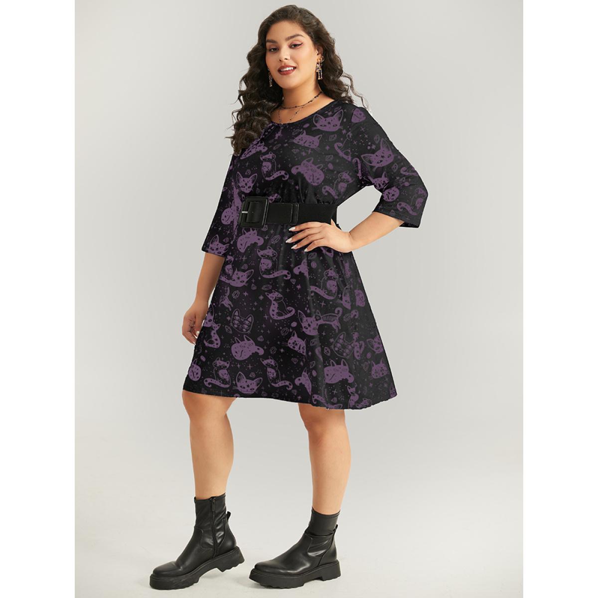 Plus Size Halloween Cat Print Buckle Detail Dress With Belt Black Women Casual Belted Round Neck Elbow-length sleeve Curvy Midi Dress BloomChic 22-24/3X Product Image