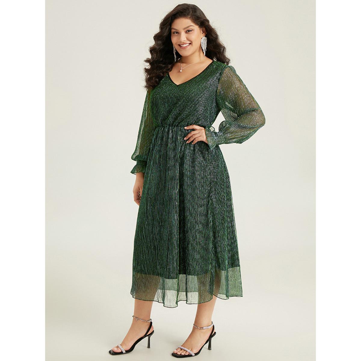 Plus Size Plain Texture Elastic Waist Shirred Mesh Dress DarkGreen Women Cocktail Texture V-neck Long Sleeve Curvy Midi Dress BloomChic 14-16/1X Product Image