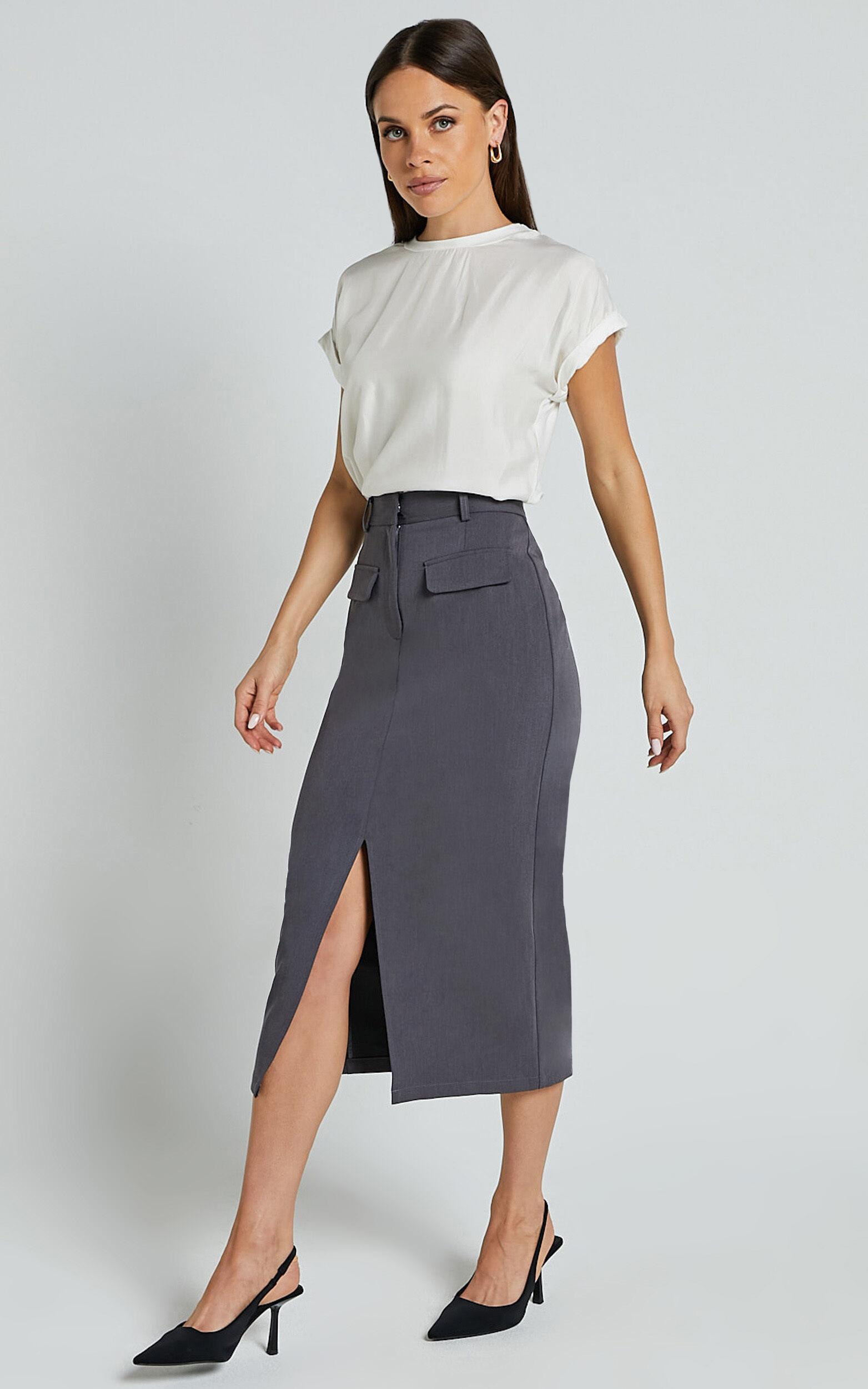 Brylee Midi Skirt - High Waisted Front Split Skirt in Charcoal Product Image