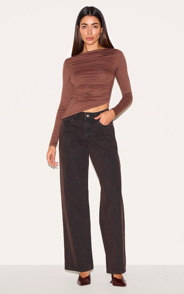 Mocha Ruched Detail Asymmetric Hem Long Sleeve Top Product Image