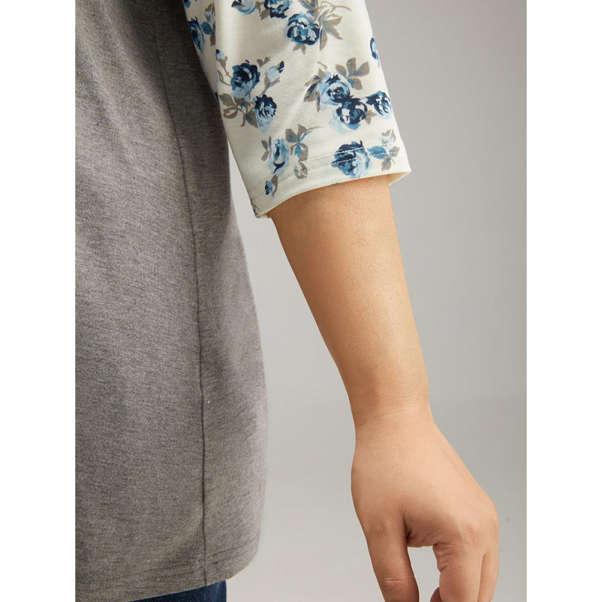 Plus Size Ditsy Floral Patchwork Contrast T-shirt Gray Women Elegant Printed Ditsy Floral Round Neck Dailywear T-shirts BloomChic 10/M Product Image