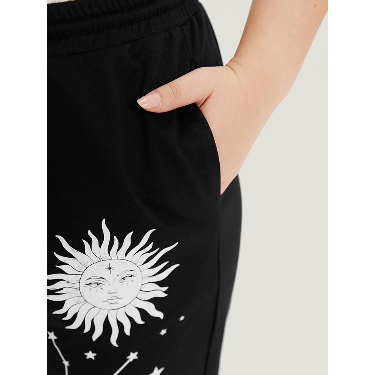 Moon and Star Print Pocket Drawstring Sweatpants Black Plus Size Women Casual Dailywear Plain 12/L Bloomchic Product Image