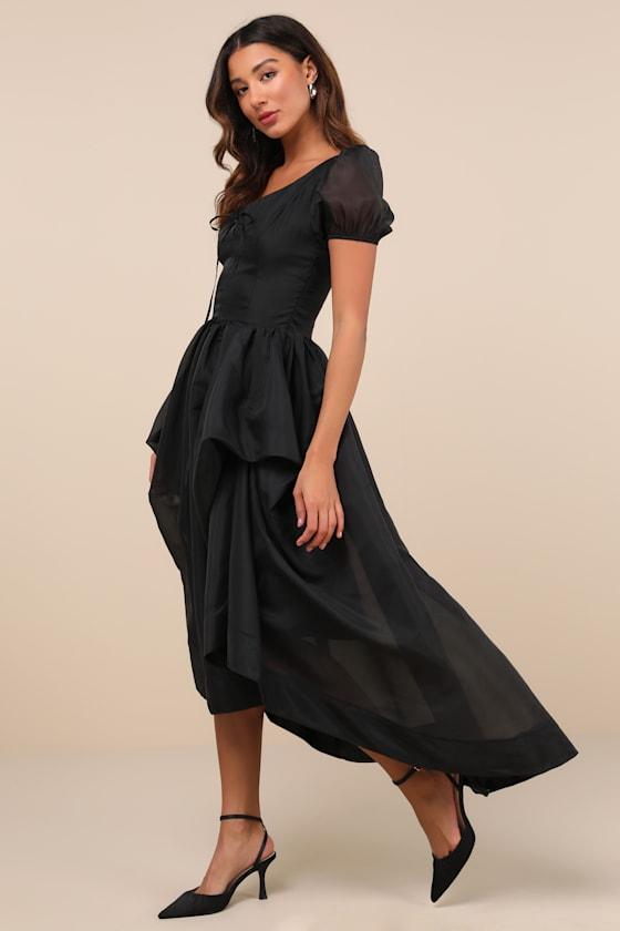 Delightfully Chic Black Organza Puff Sleeve Midi Dress Product Image