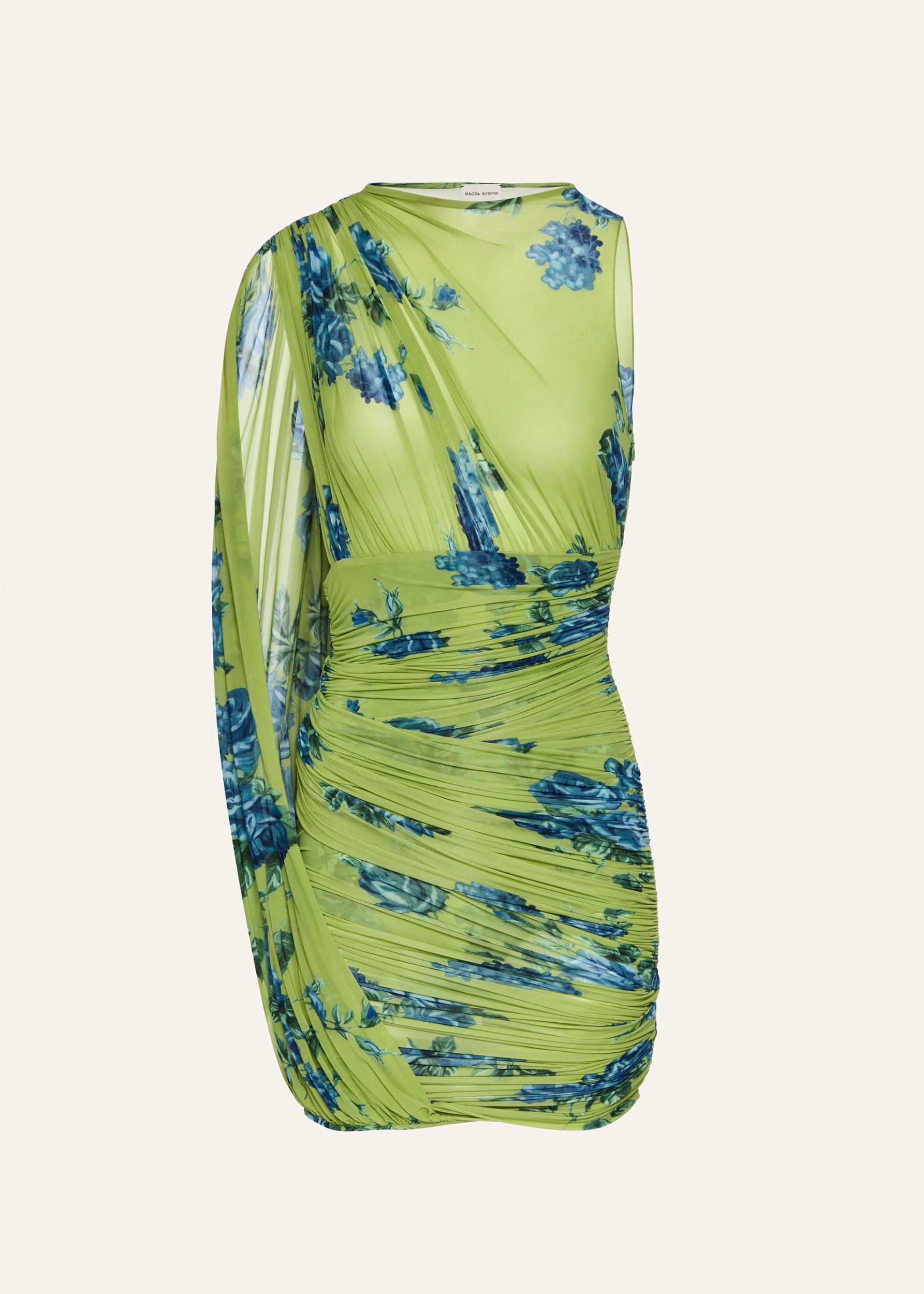 Sheer draped mini dress in green print Product Image