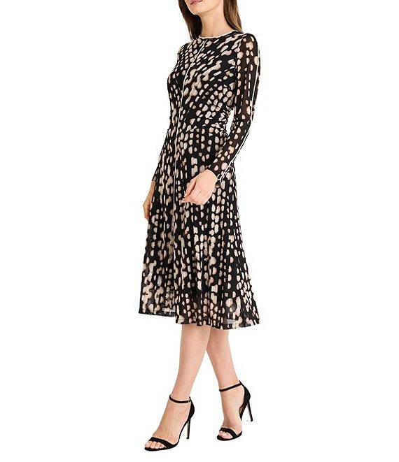 Maggy London Long Sleeve Printed Mesh Midi Dress Product Image