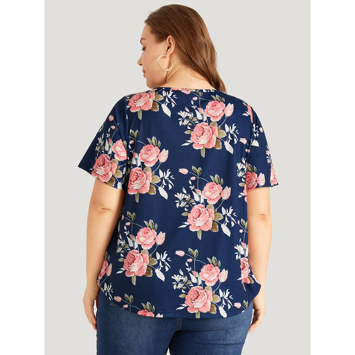 Plus Size Floral Print Button Up Flutter Gathered T-shirt Blue Women Elegant Printed Floral Open Front Dailywear T-shirts BloomChic 30/6X Product Image