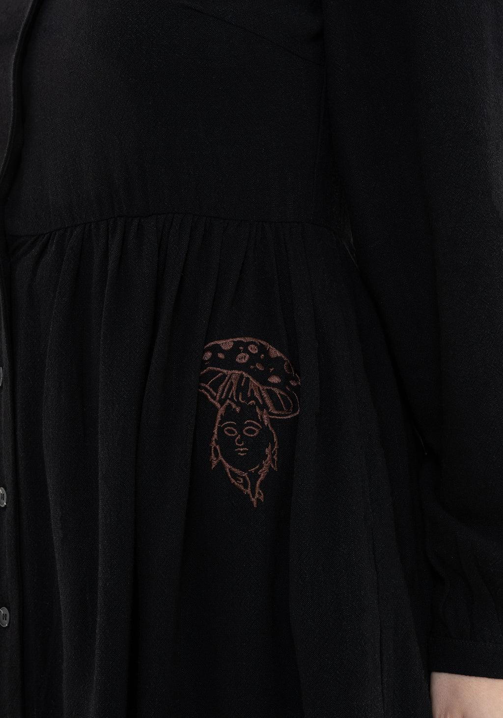 Hexborn Linen-Blend Baba Yaga Embroidered Long Sleeve Mini Dress Product Image