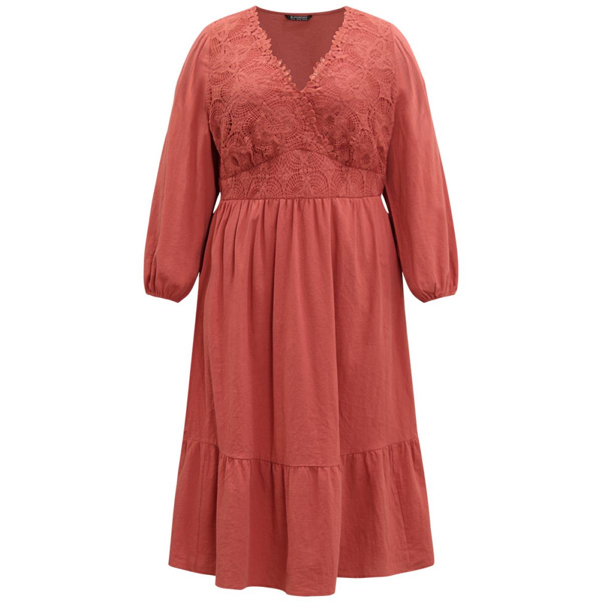 Plus Size Solid Lace Panel Wrap Patchwork Dress Rust Women Vacation Elastic cuffs V-neck Long Sleeve Curvy Midi Dress BloomChic 14-16/1X Product Image