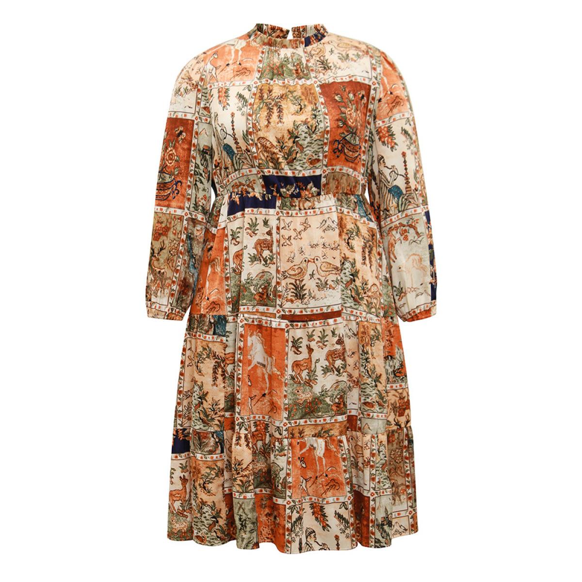 Plus Size Boho Print Stand Collar Pleated Lantern Sleeve Dress Chocolate Women Vacation Elastic cuffs Stand-up collar Long Sleeve Curvy Midi Dress BloomChic 10/M Product Image