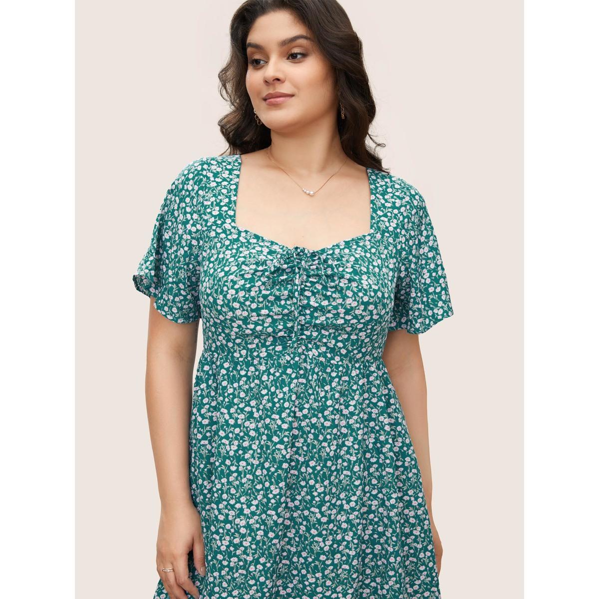 Plus Size Ditsy Floral Ruched Pocket Flutter Drawstring Knee Dress Emerald Women Elegant Non V-neck Short sleeve Curvy Knee Dress BloomChic 28/5X Product Image