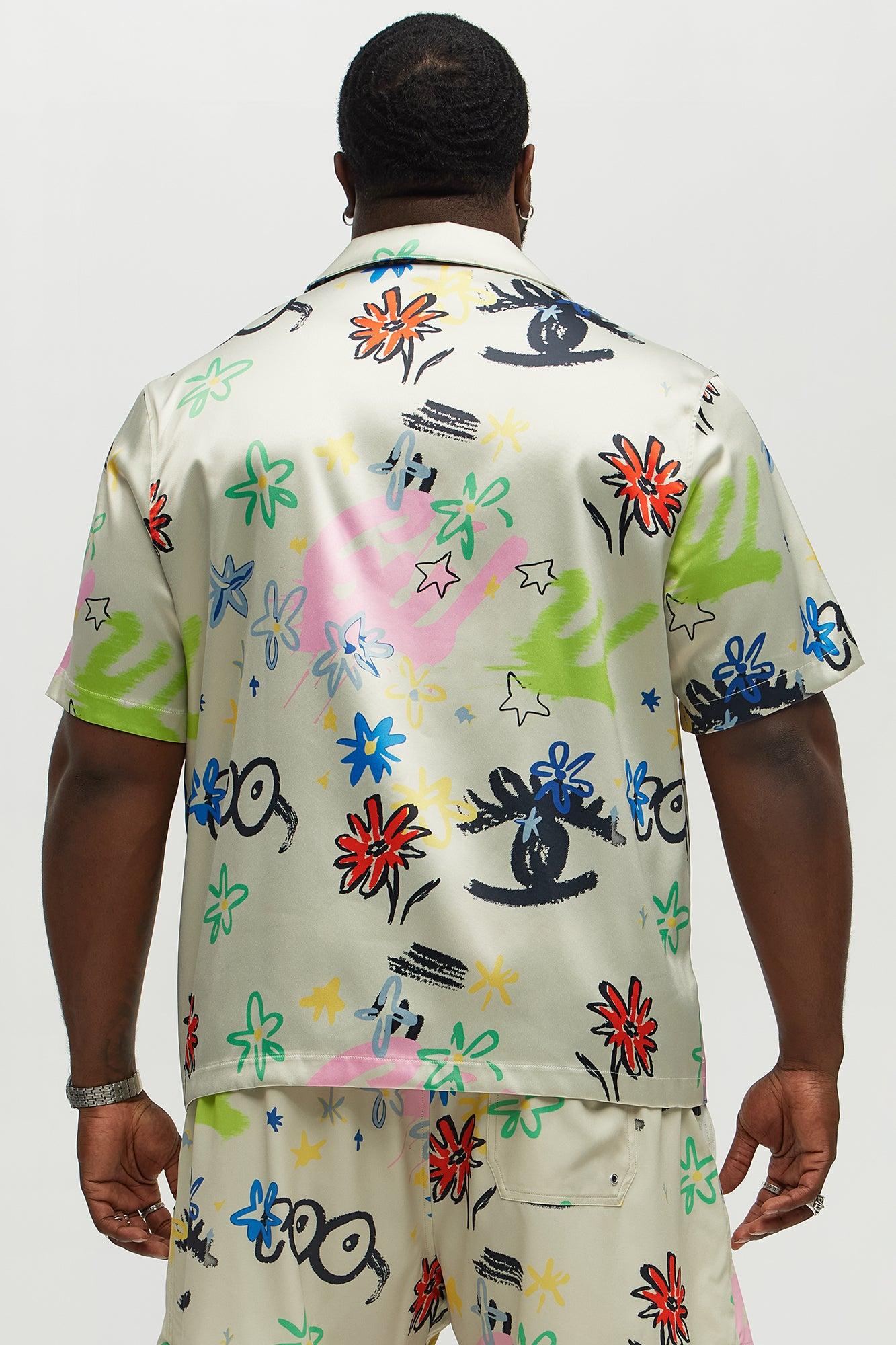 Graffiti Bloom Cuban Collar Button Up Shirt - Multi Color Product Image