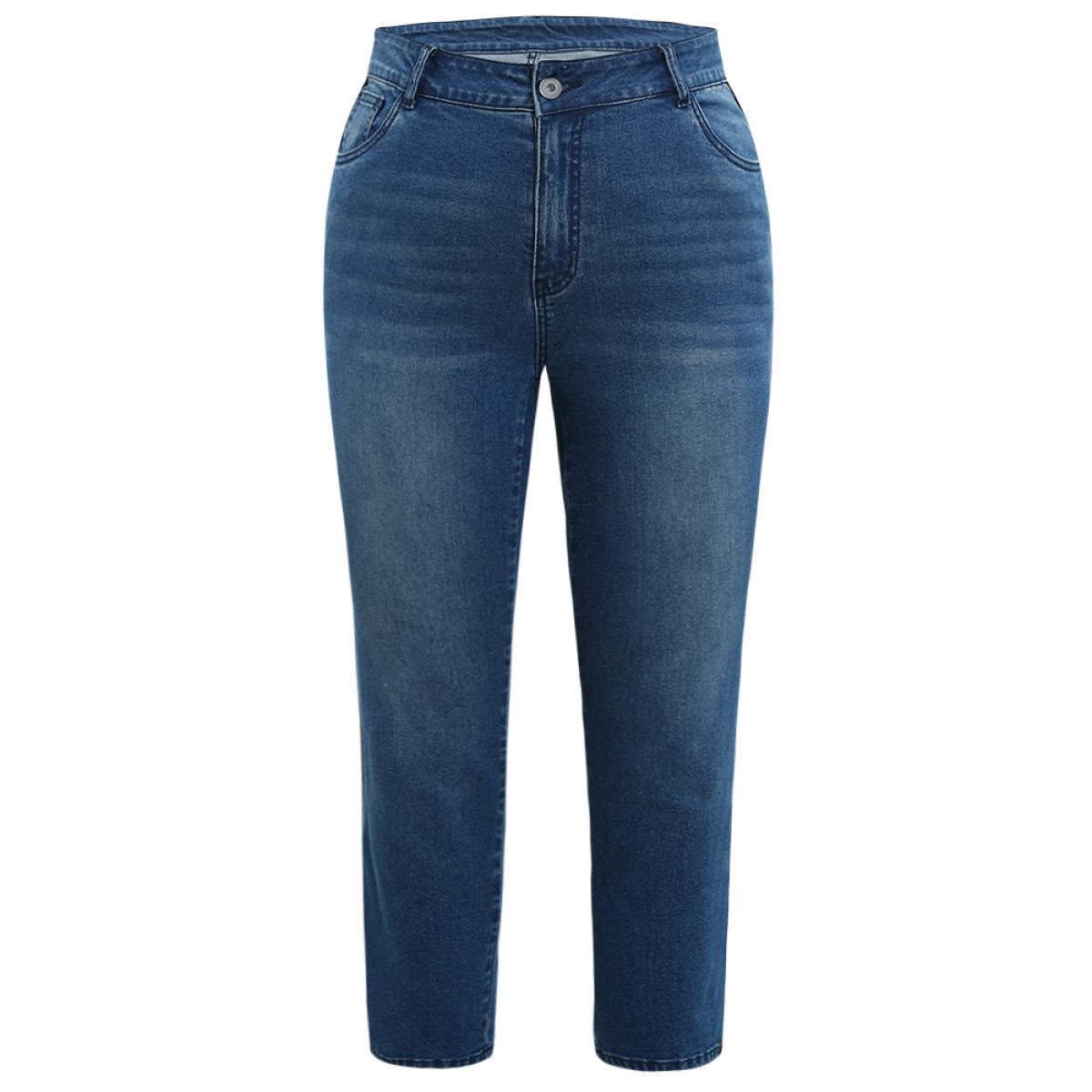 Plus Size Glitter Patchwork High Rise Very Stretchy Jeans Women Indigo Casual Plain Patchwork High stretch Pocket Jeans BloomChic 12/L Product Image