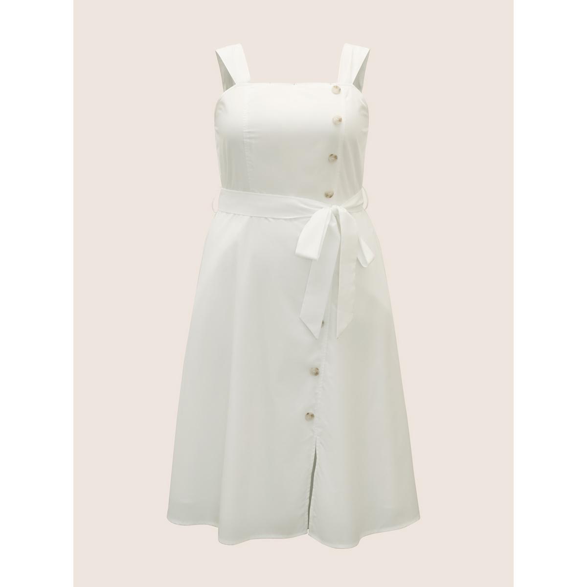Plus Size Square Neck Button Detail Split Hem Dress Originalwhite Women At the Office Belted Non Sleeveless Curvy BloomChic 22-24/3X Product Image