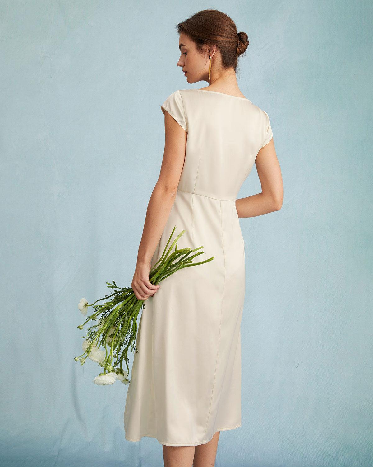 The Apricot Satin Cap Sleeve Sheath Slit Midi Dress Product Image