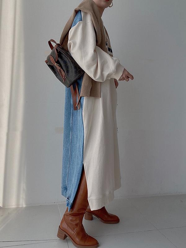 Original Loose Long Sleeves Letter Print Split-Side Split-Joint Round-Neck Midi Dresses Product Image