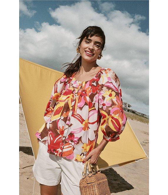 FRANCES VALENTINE Zoe Sun Floral Print Scoop Neck 3/4 Sleeve Blouse Product Image