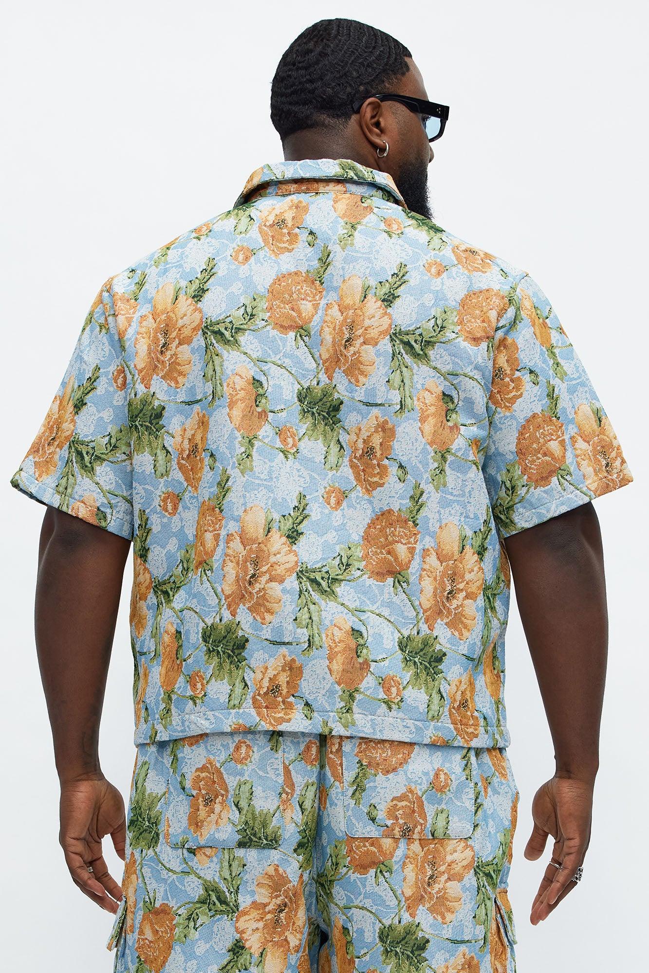 Rose Buds Tapestry Closed Collar Button Up Shirt - Blue/combo Product Image