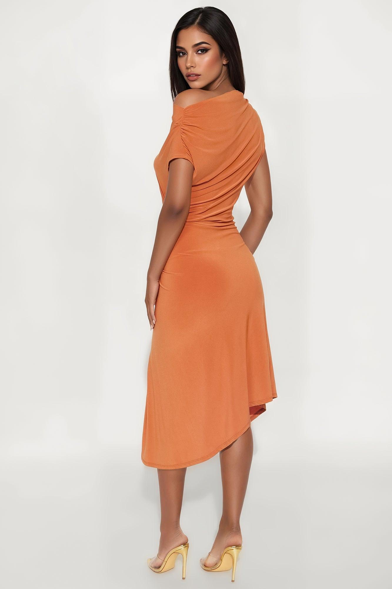Alexia Asymmetrical Ruched Midi Dress - Rust Female Product Image