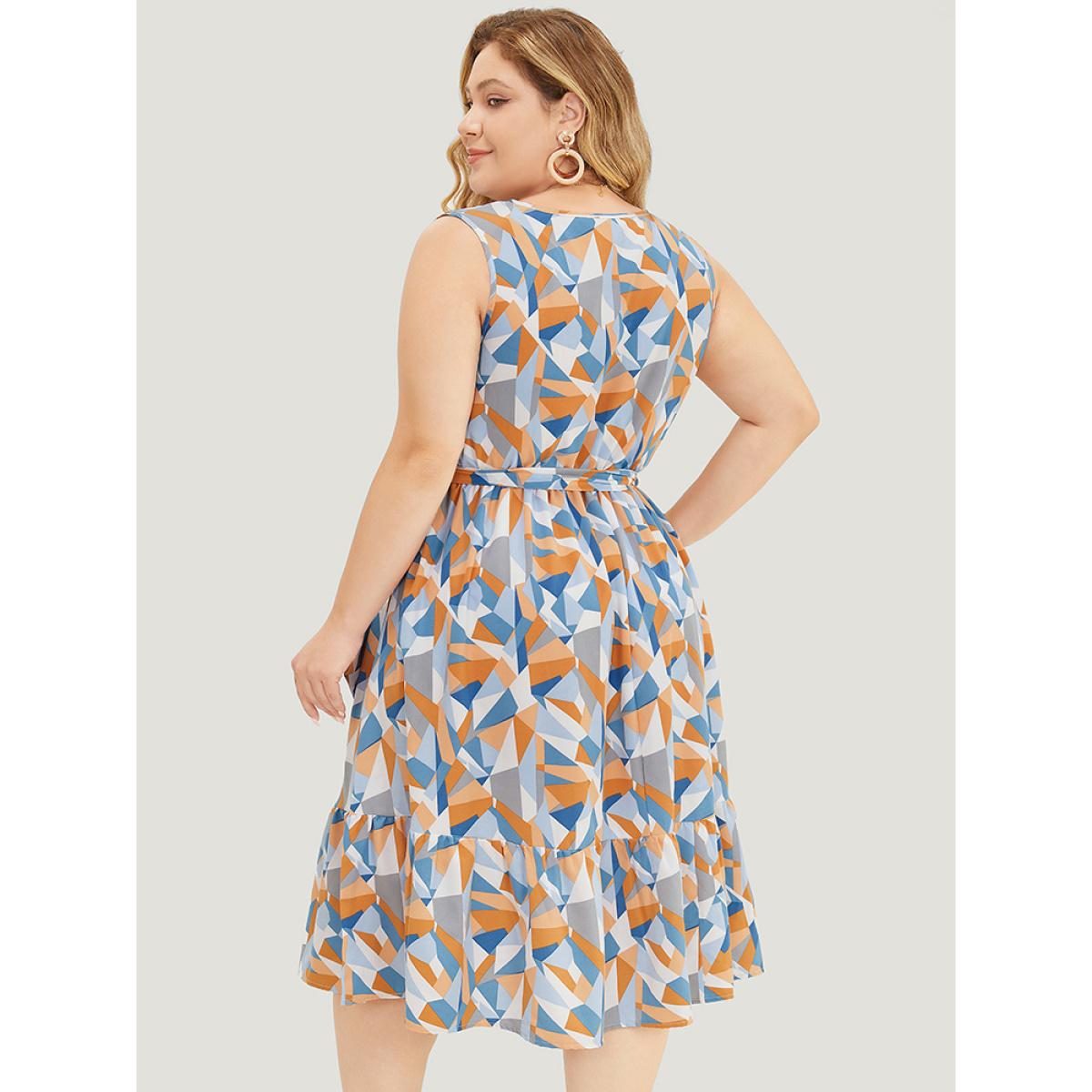 Plus Size Geometric Belt Ruffle Hem Pocket Button Detail Tank Dress Multicolor Women Elegant Contrast Round Neck Sleeveless Curvy Knee Dress BloomChic 26/4X Product Image