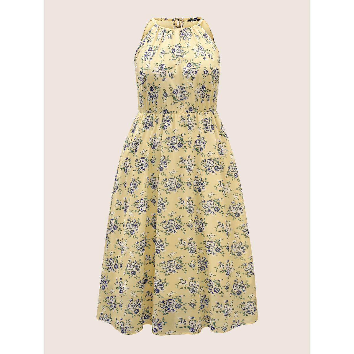 Plus Size Halter Neck Floral Elastic Waist Dress Lightyellow Women Elegant Halter neck Sleeveless Curvy BloomChic 12/L Product Image