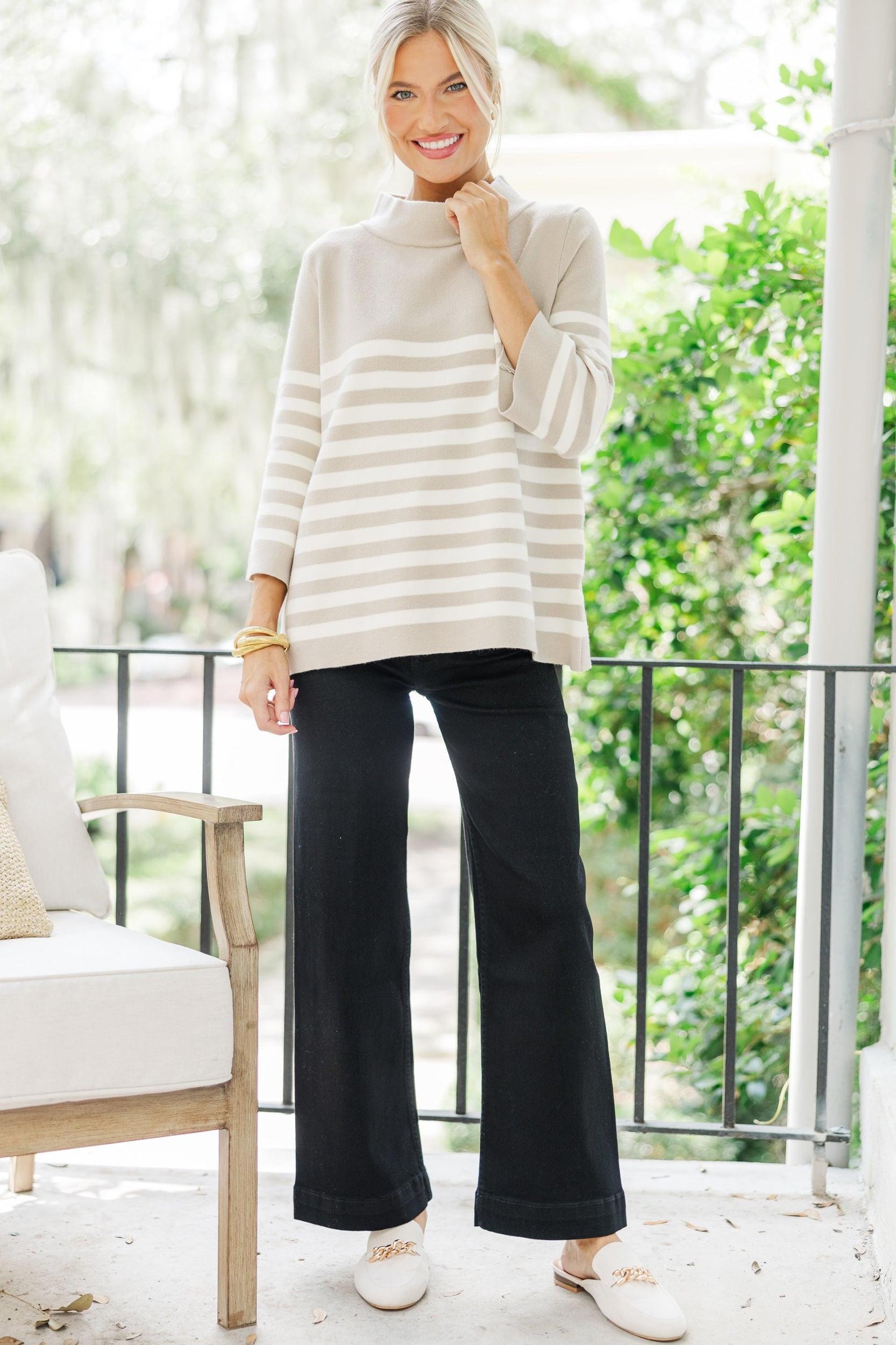 Just A Feeling Taupe Striped Mock Neck Sweater Female Product Image