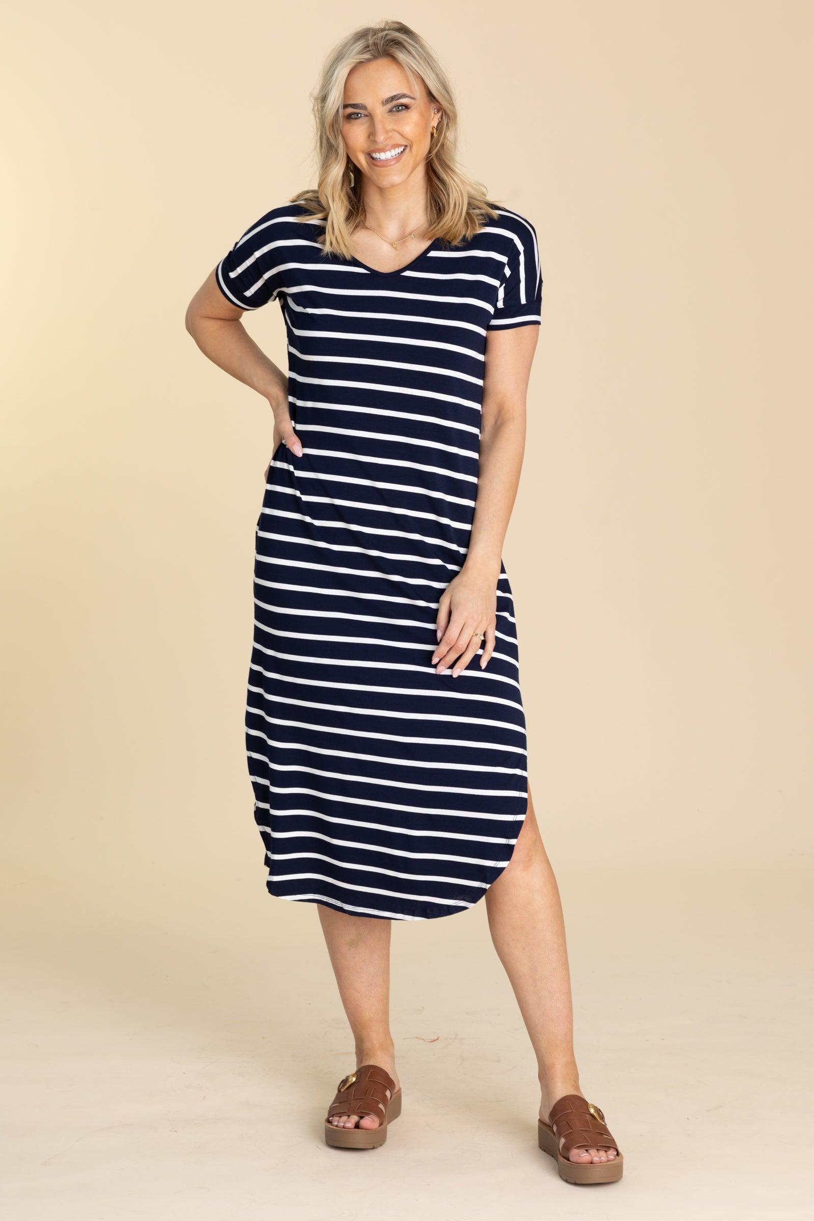Striped Curved Hem Midi Dress With Pockets Product Image