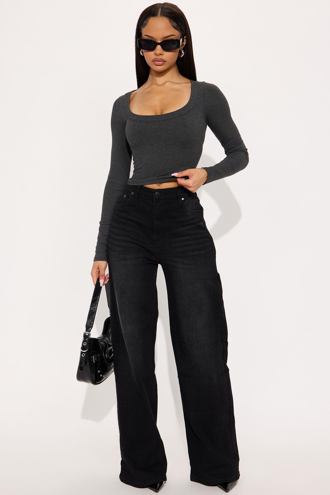 Maribel Ribbed Square Neck Long Sleeve Top - Charcoal Product Image