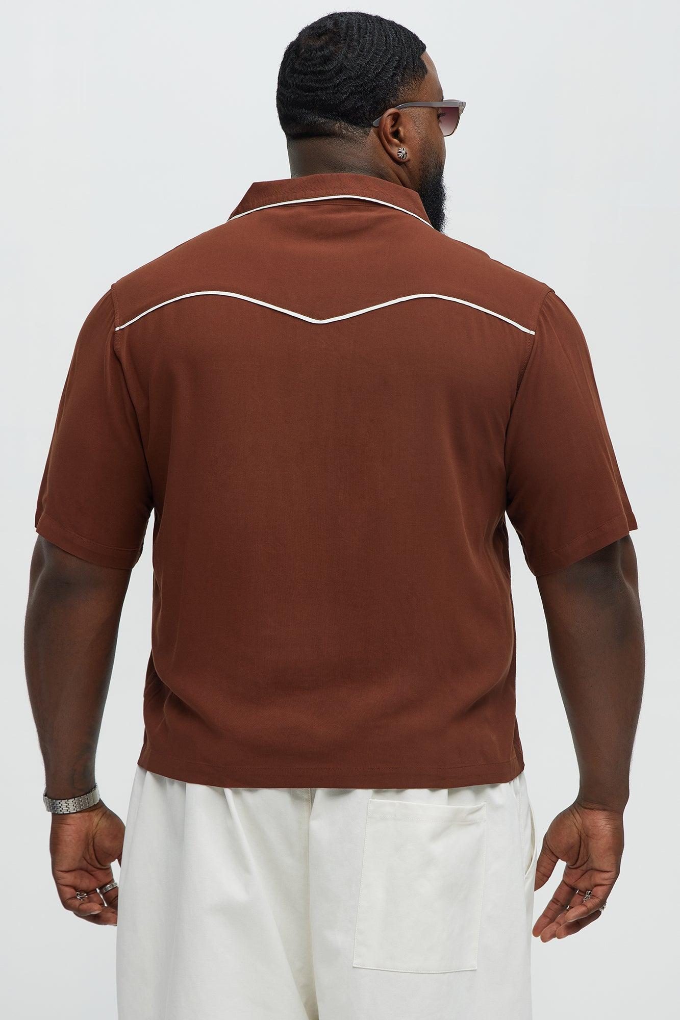 Casual Cropped PJ Style Button Up Shirt - Brown Product Image