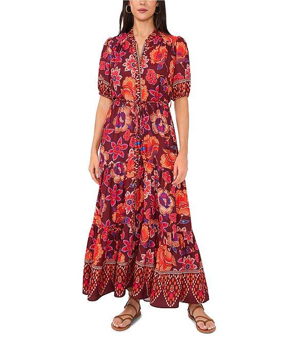 Vince Camuto Woven Floral V-Neck Short Puff Sleeve Button Front Tiered Maxi Dress Product Image