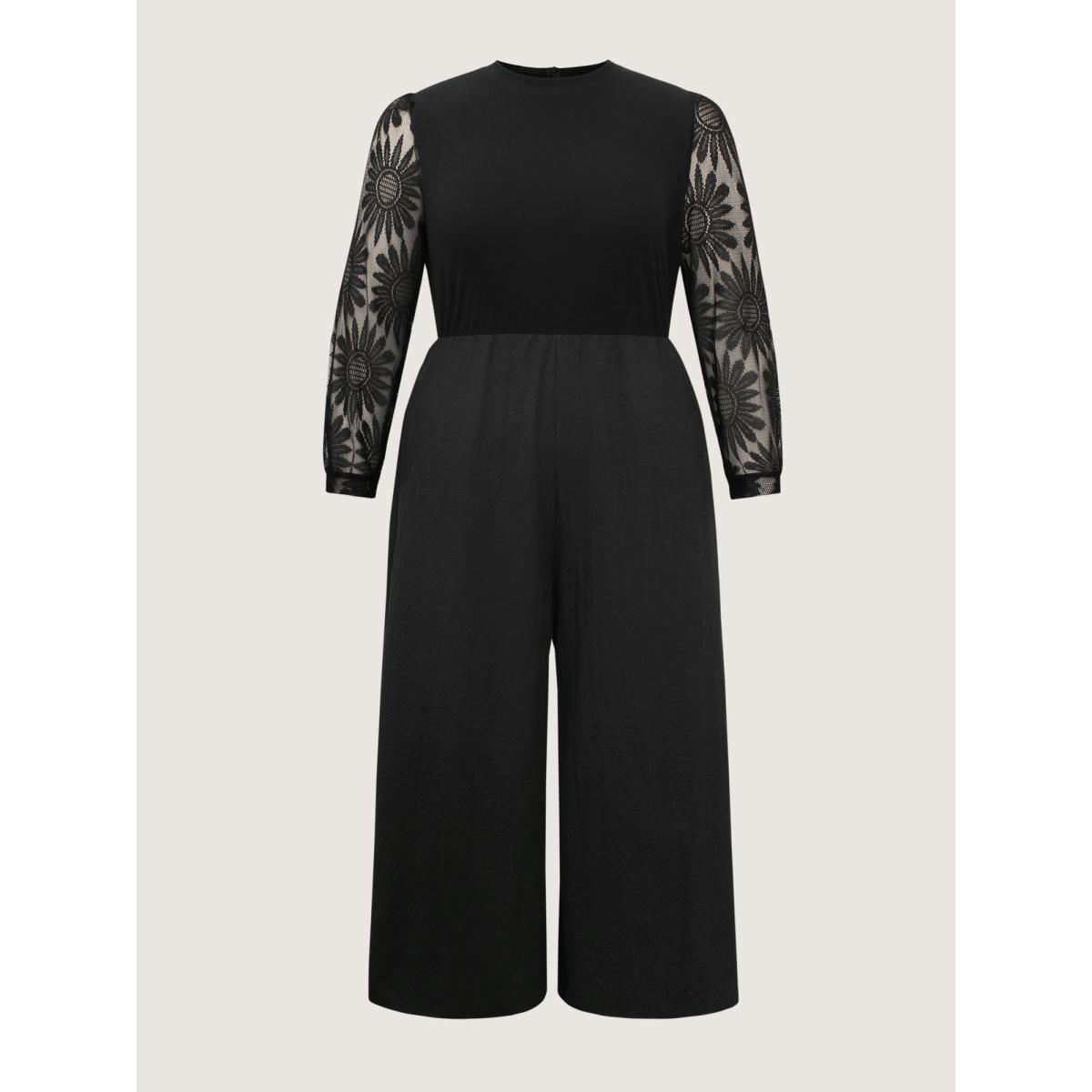 Plus Size Black Crochet Lace Mesh Mock Neck Jumpsuit Women Timeless Long Sleeve Mock Neck Elegant Loose Jumpsuits BloomChic 18-20/2X Product Image