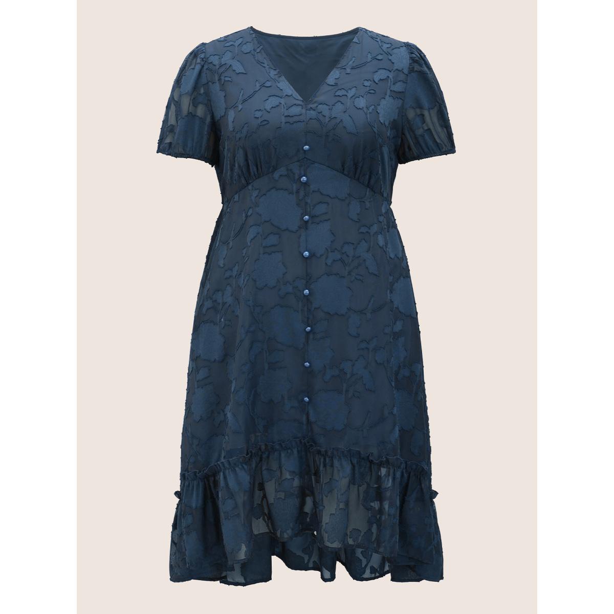 Plus Size Textured Mesh Puff Sleeve Button Detail Dress DarkBlue Women Elegant Texture V-neck Short sleeve Curvy BloomChic 14-16/1X Product Image