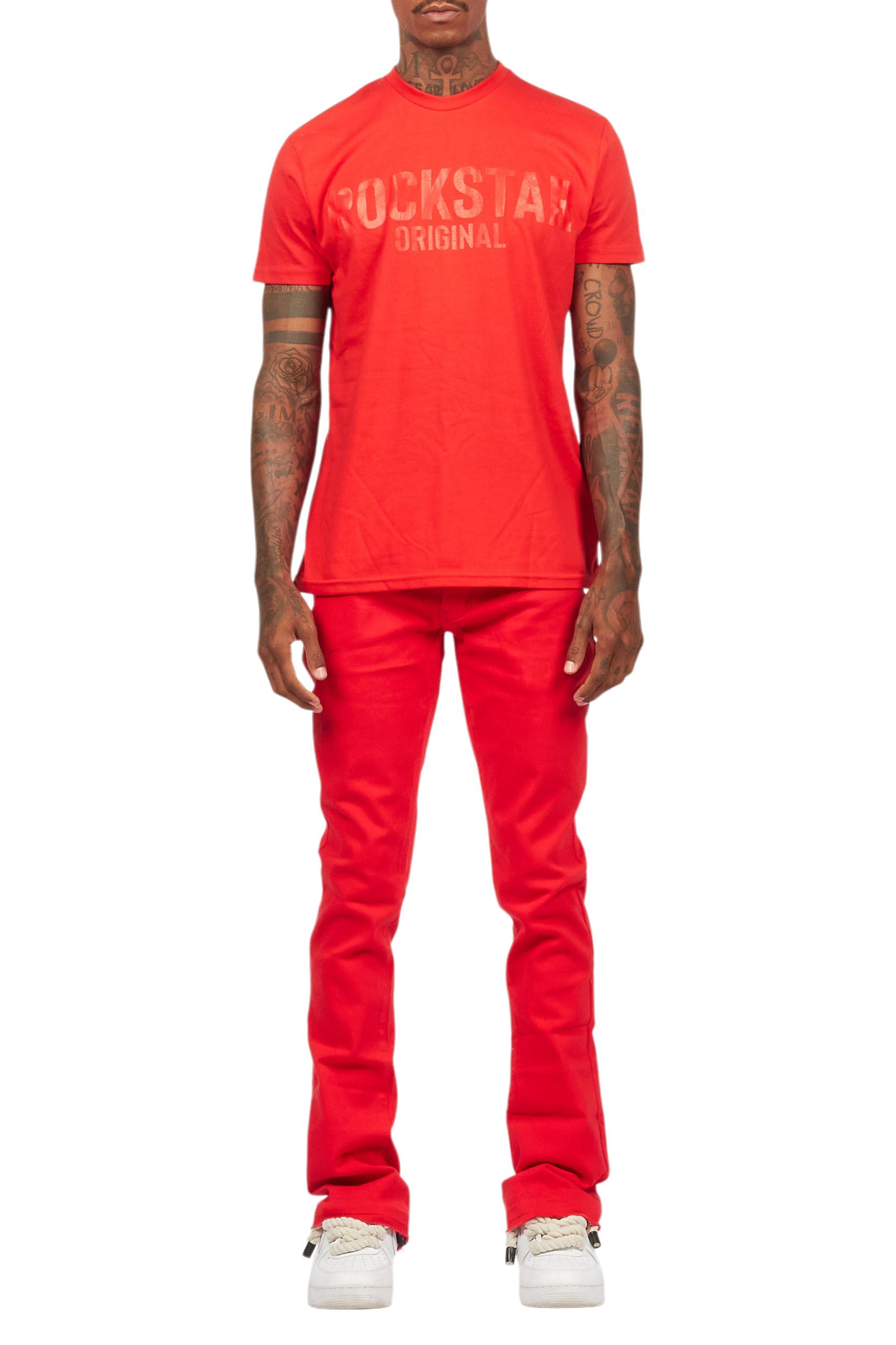 Sana Red T-Shirt/Dag Stacked Flare Jean Set Male Product Image