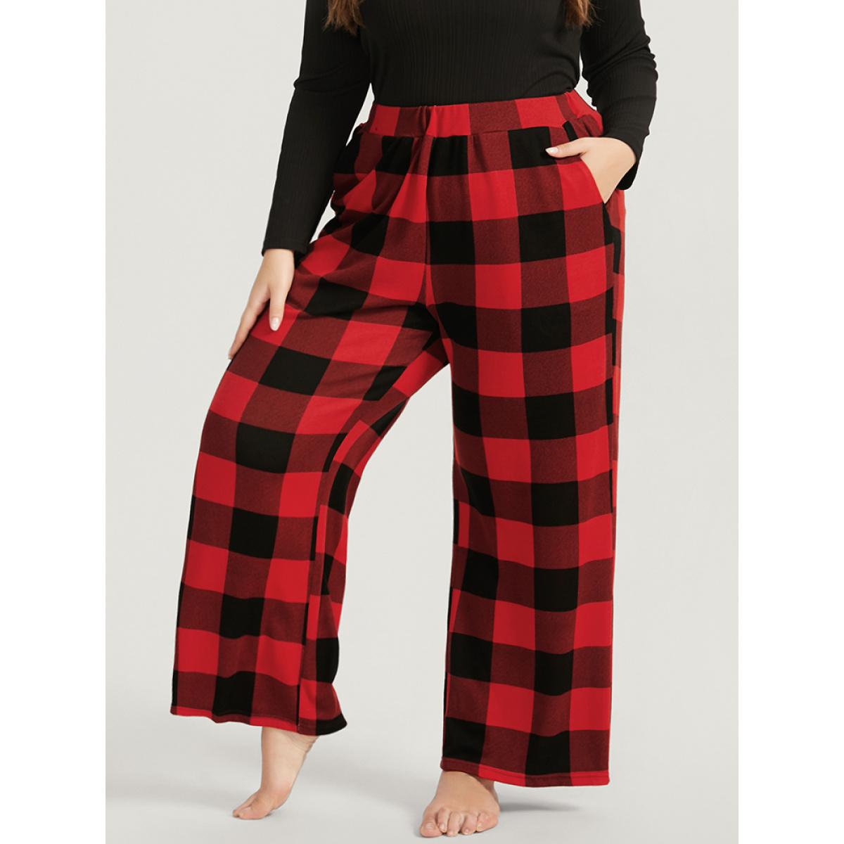 Plus Size Plaid Pocket Elastic Waist Wide Leg Pants Women Red Casual Mid Rise Dailywear Pants BloomChic 10/M Product Image