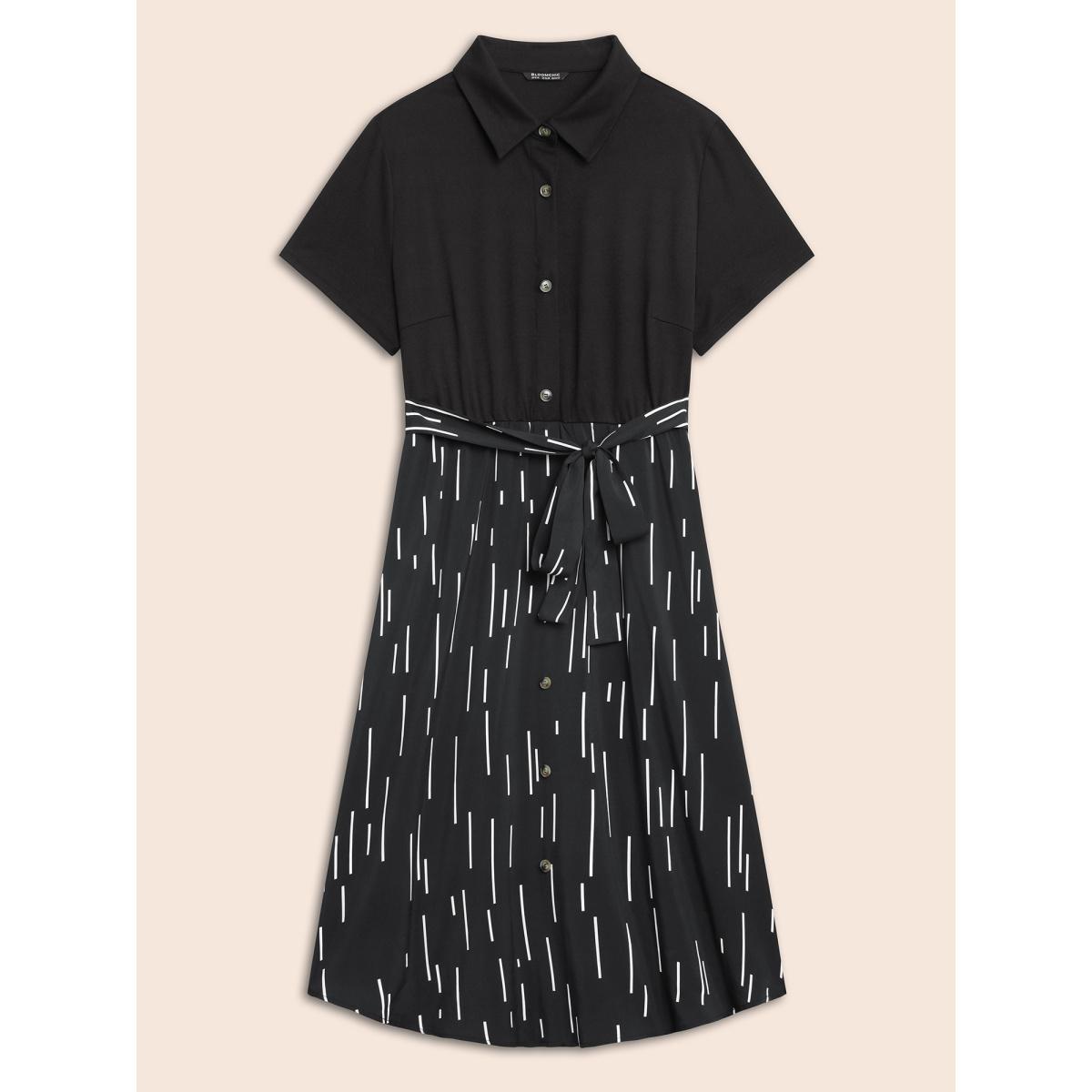 Plus Size Striped Patchwork Button Detail Belted Dress Black Women Workwear Essentials Belted Shirt collar Short sleeve Curvy BloomChic 30/6X Product Image
