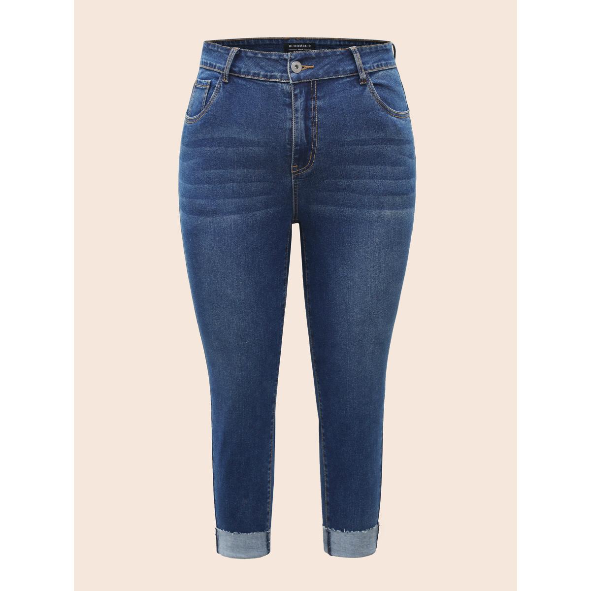 Plus Size Whiskered Rolled Hem Slim-Fit Jeans Women Bluevintage Casual Medium stretch Slanted pocket Jeans BloomChic 26/4X Product Image
