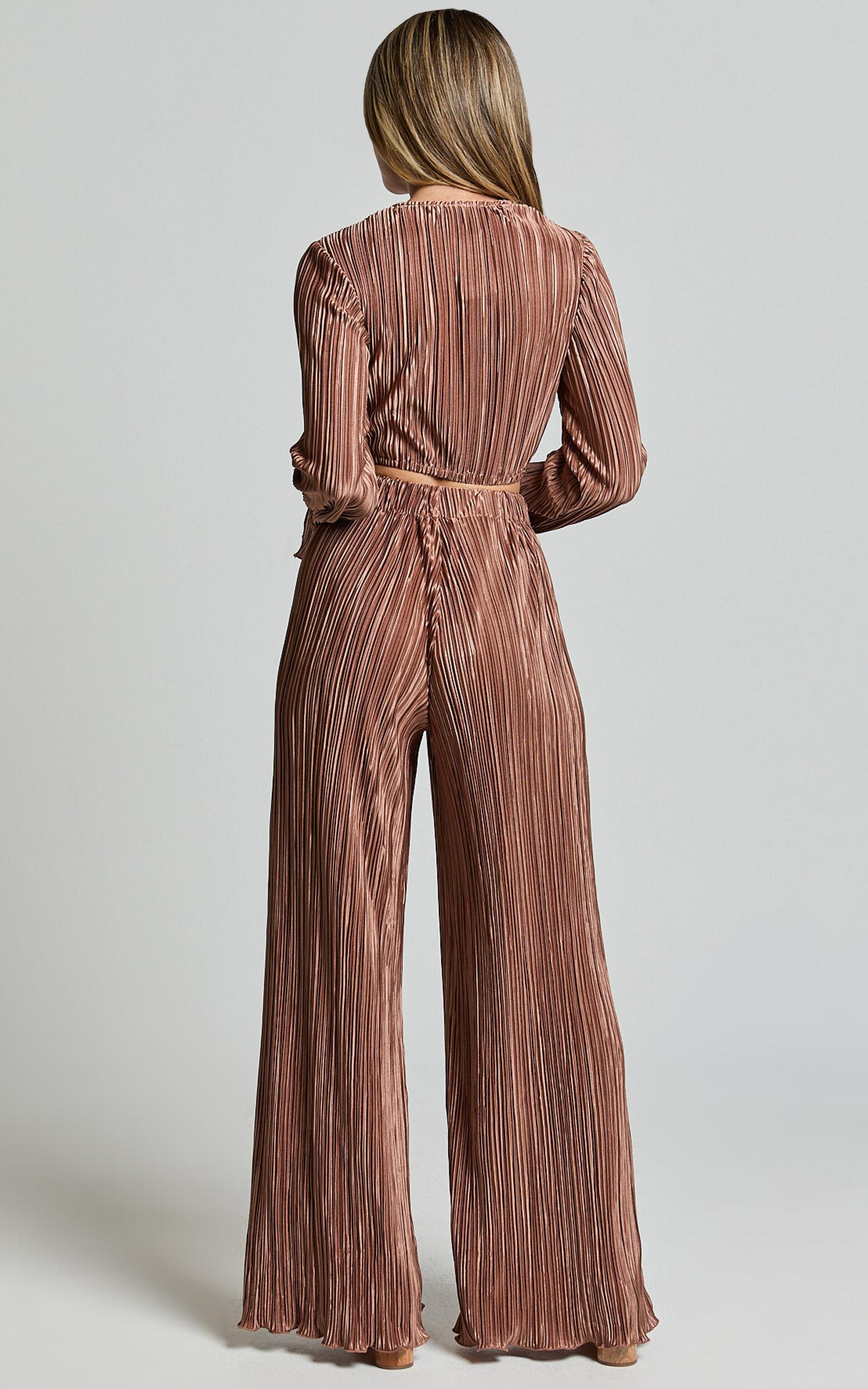 Aluna Two Piece Set - Plisse Twist Front Crop Top and Wide Leg Pants Set in Chocolate Product Image