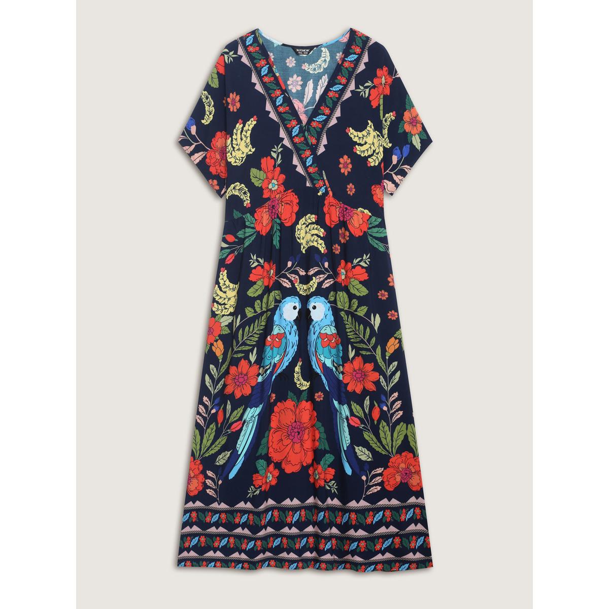 Plus Size Rayon Colorful Floral Split Side Midi Dress Navy Women Overlap Collar Short sleeve Curvy BloomChic 18-20/2X Product Image