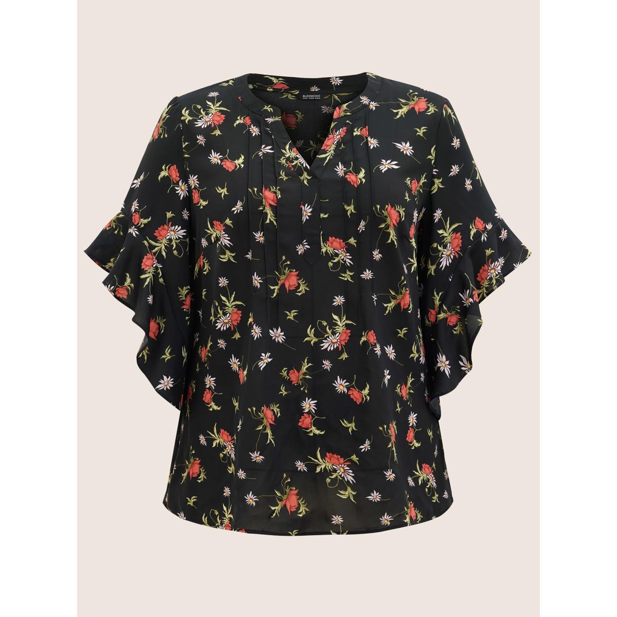 Plus Size Black Notched Floral Pleated Ruffle Sleeve Blouse Women Elegant Half Sleeve Flat collar with V-notch Everyday Blouses BloomChic 14-16/1X Product Image