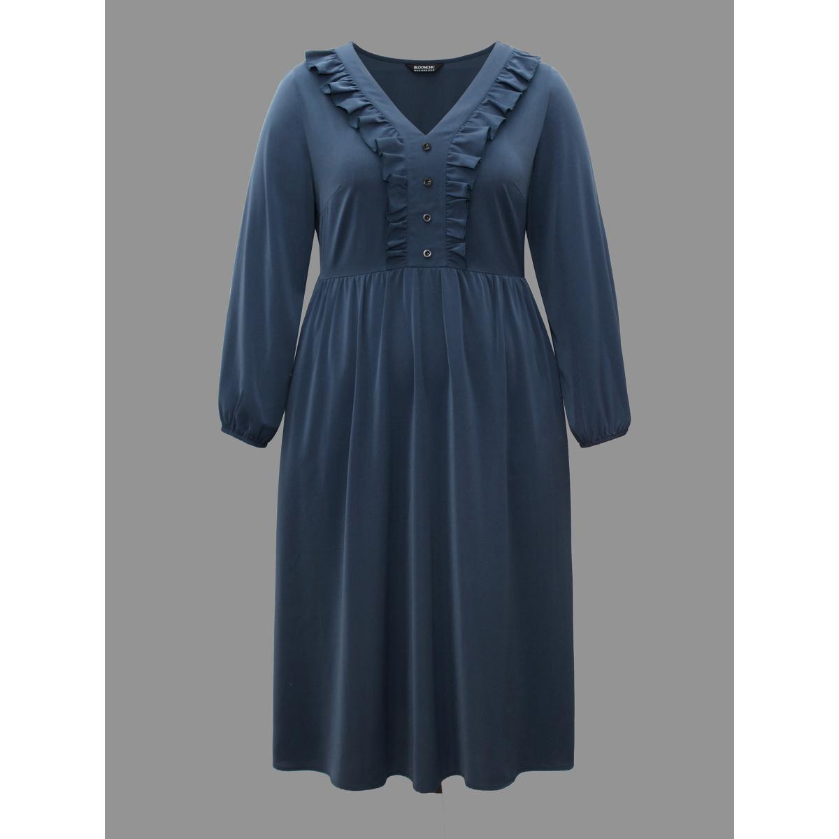 Plus Size Solid Ruffle Trim Elastic Waist Midi Dress DarkSlateGray Women Timeless Frill Trim V-neck Long Sleeve Curvy BloomChic 28/5X Product Image