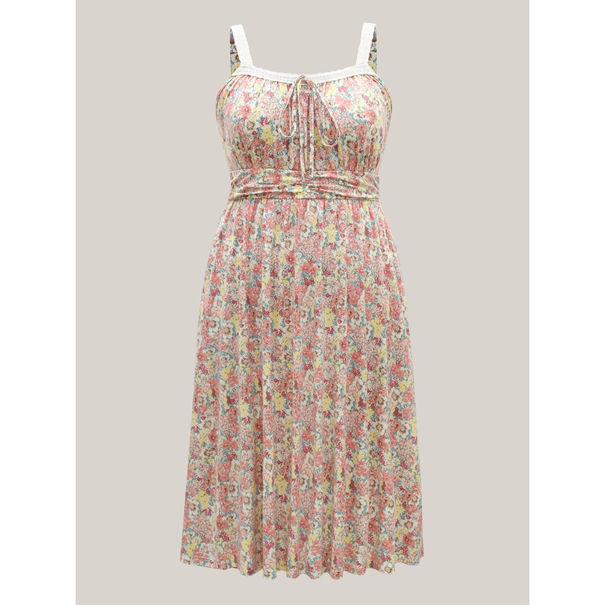 Plus Size Lace Neck Pleated Waist Pockets Midi Dress Multicolor Women Knit Dresses Bloomchic 30/6X Product Image