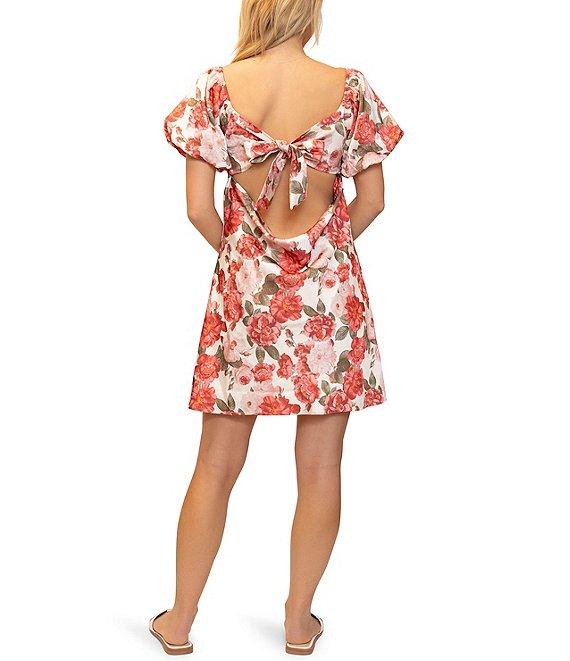 Stevie By Steve Madden Satin Floral Print Twist Front Puff Sleeve Open Tie Back Dress Product Image