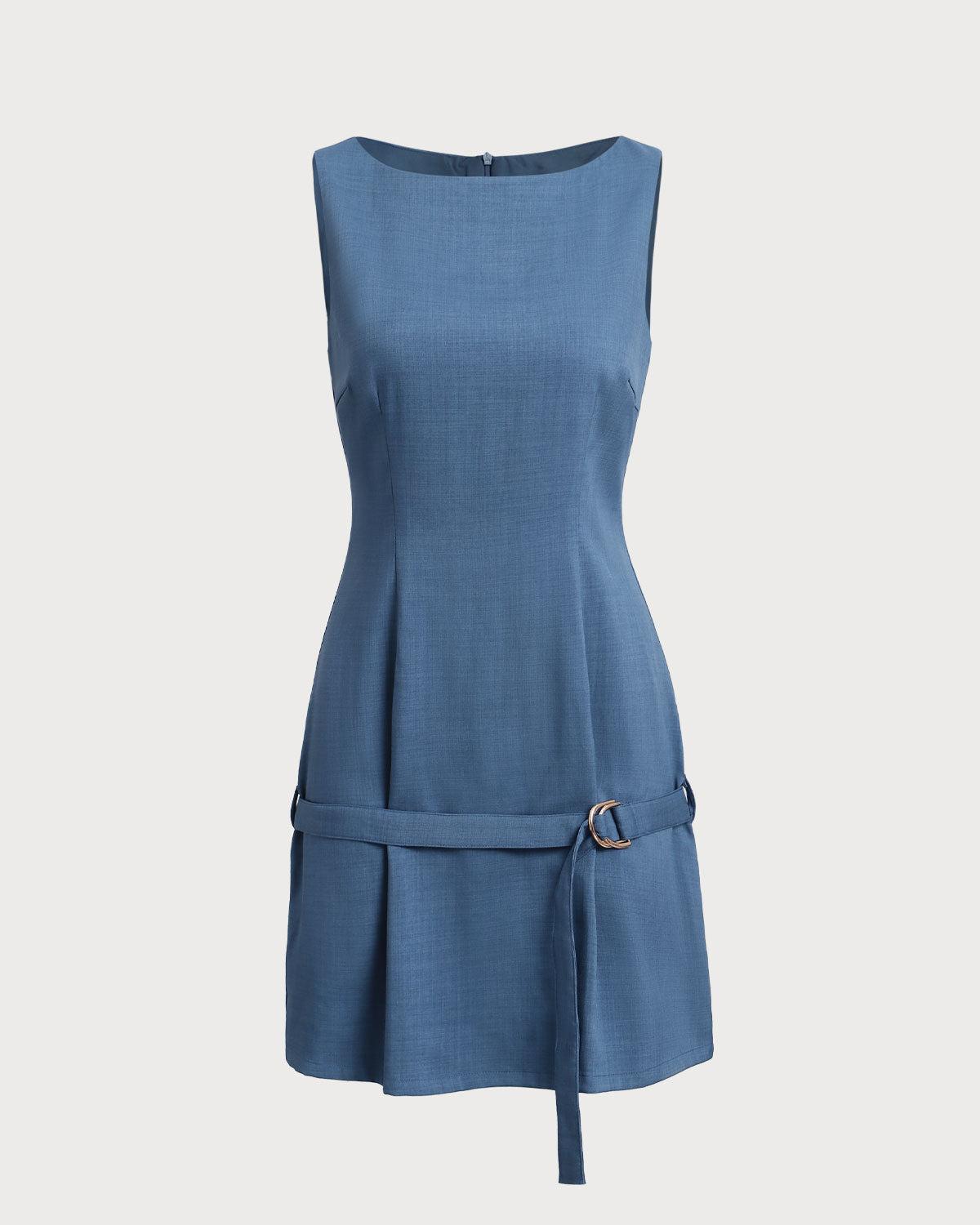 Blue Boat Neck Belted Mini Dress Product Image