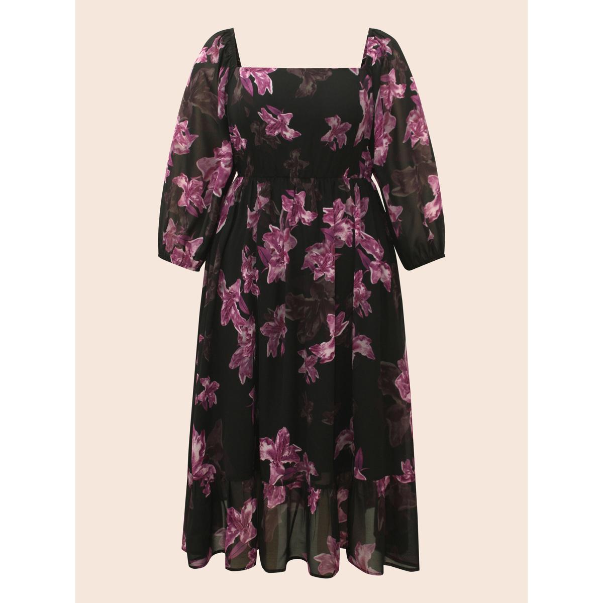 Plus Size Floral Patchwork Ruffle Hem Mesh Dress BlackFlower Women Elegant See through Square Neck Elbow-length sleeve Curvy BloomChic 22-24/3X Product Image