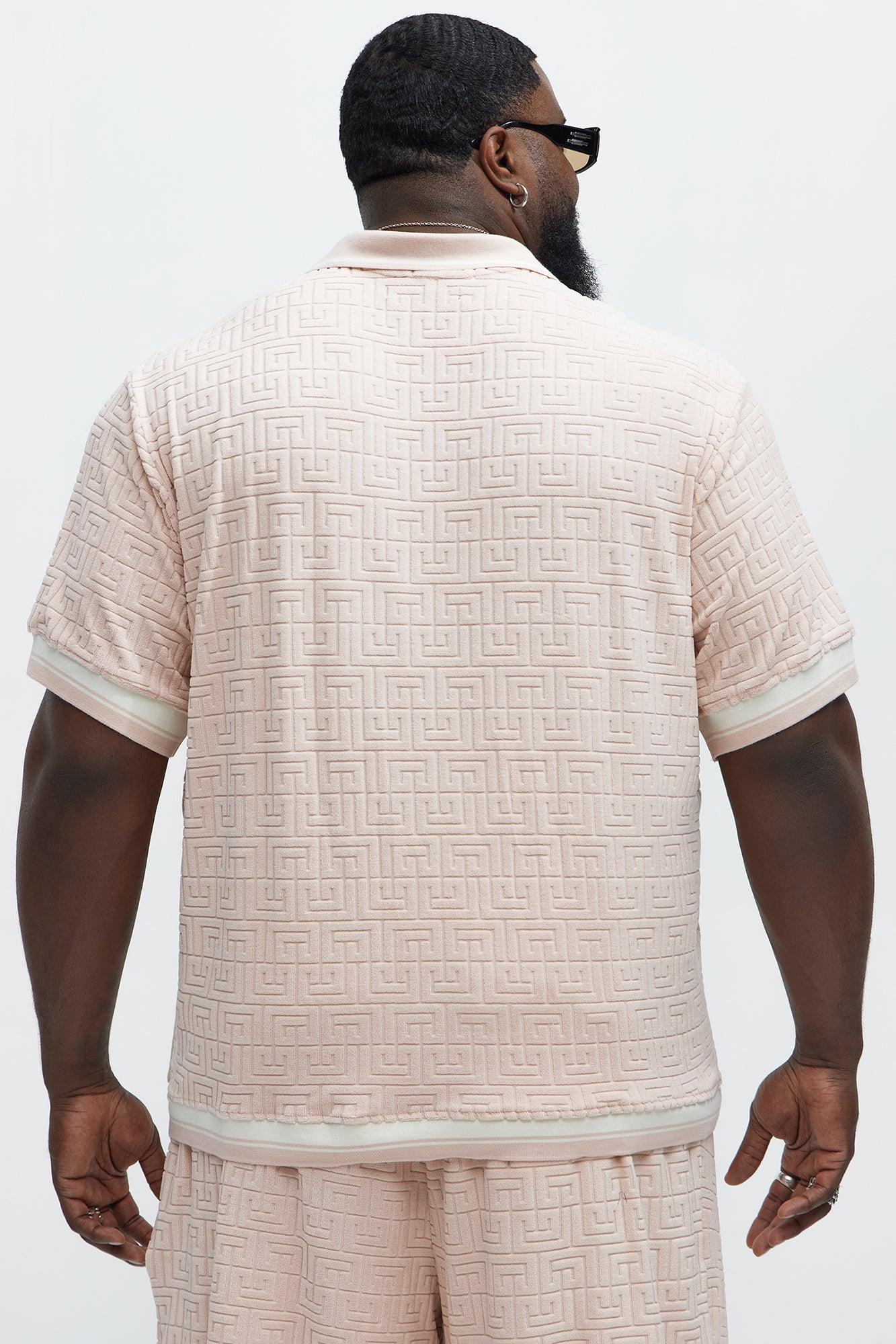Grecian Textured Johnny Collar Polo Shirt - Pink Product Image