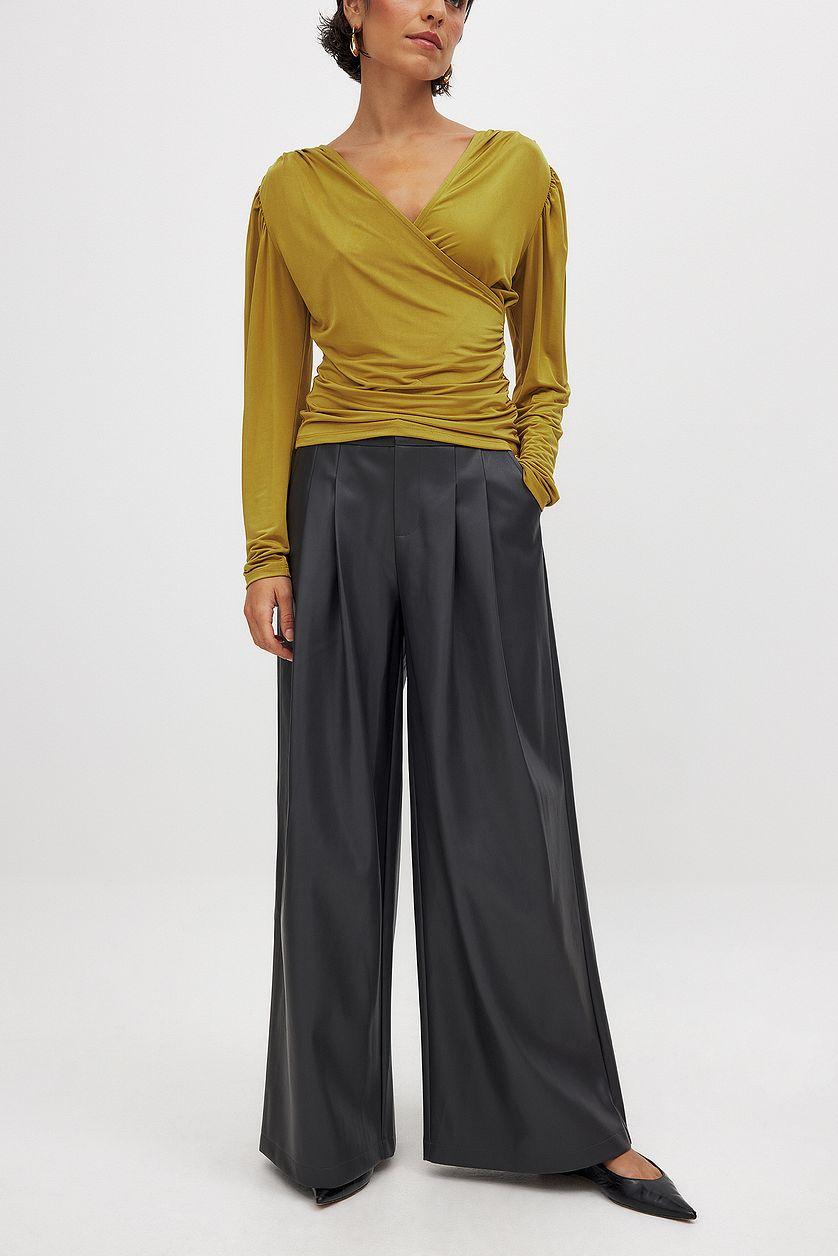 Mid Waist Wide Leg Pleated PU Trousers Product Image