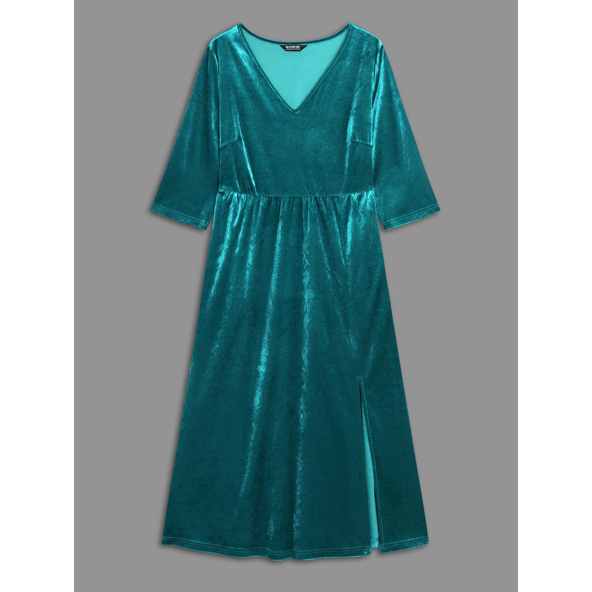 Plus Size Velvet V-Neck Side Slit Maxi Dress Aegean Women Cocktail Texture Party Curvy Bloomchic 10/M Product Image