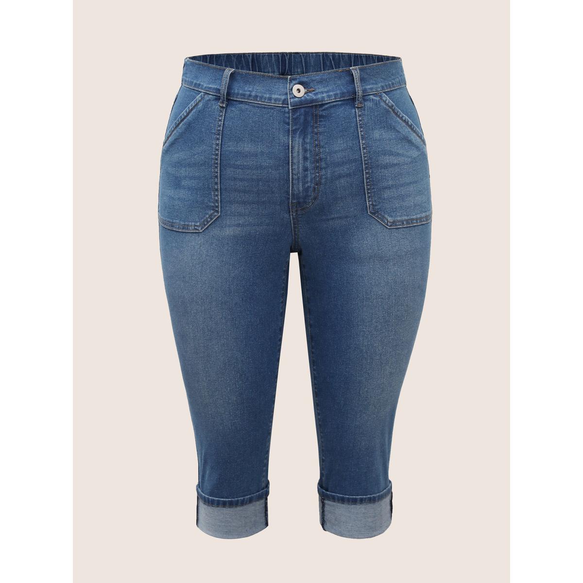 Plus Size Medium Wash Roll Hem Pull On Jegging Jeans Women Denimblue Casual Roll Hem Medium stretch Slanted pocket Jeans BloomChic 14/1X Product Image