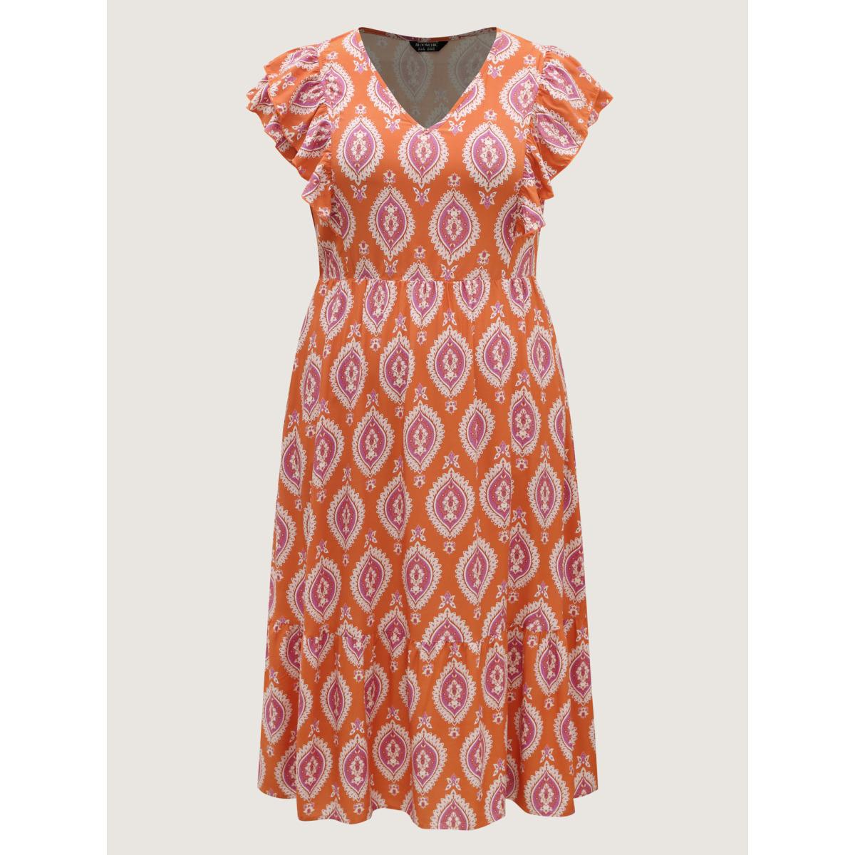 Plus Size Rayon Boho Print Pocket Midi Dress Coral Women Boho V-neck Cap Sleeve Curvy BloomChic 12/L Product Image
